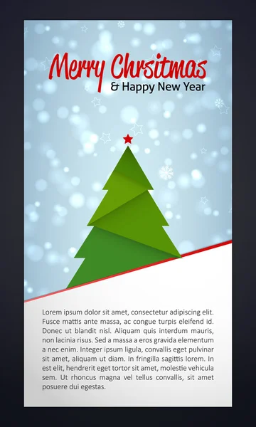 Modelo de cartão de saudação de Natal com árvore de natal, flocos de neve, estrelas e lugar para o seu texto —  Vetores de Stock