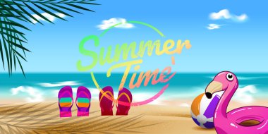 Yaz deniz kenarı illüstrasyonları parmak arası terlikler ve şişirilebilir