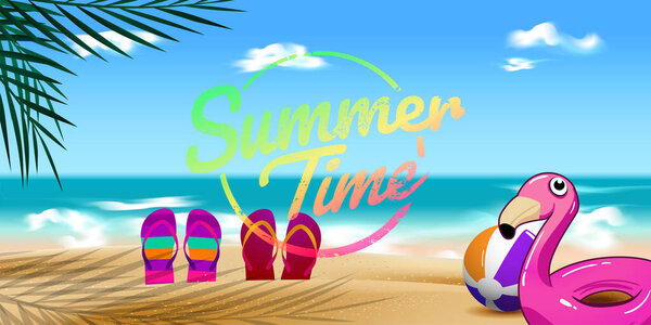 Summer seaside background  illustration with flip flops  and inflatable