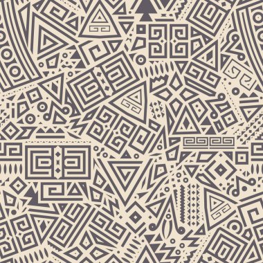 Kusursuz kabile düzeni. Tek renkli Etnik Geometrik Vektör Arkaplanı. Aztek, Maya veya İnka Tarzı