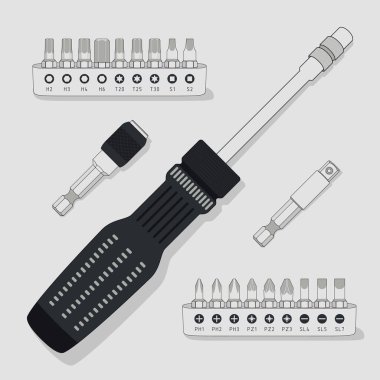 Multi-bit Screwdriver Head for Interchangeable Bits and Hex Shank Extension. Bits Holder with Replaceable Bits. Closeup Tool