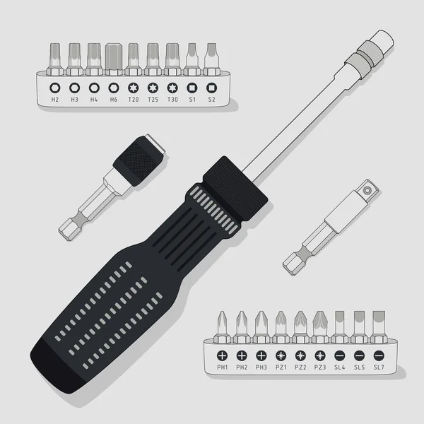 Multi Bit Screwdriver Head Interchangeable Bits Hex Shank Extension Bits — 图库矢量图片