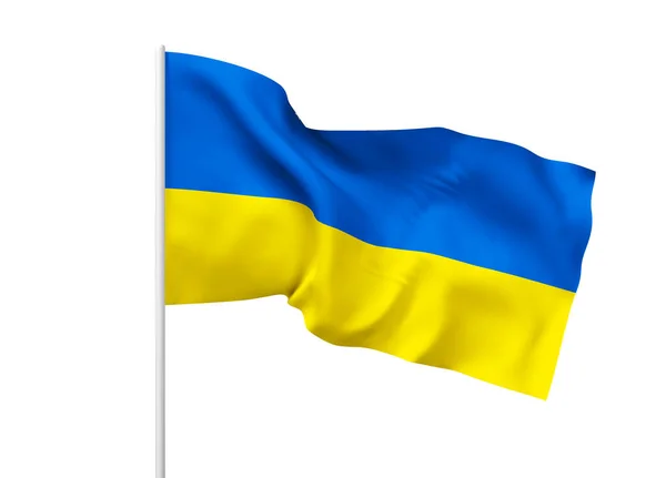 Drapeau de l'Ukraine sur fond blanc. Le symbole du patriotisme de la nation ukrainienne, une bannière en soie bleue et jaune, flotte dans les rayons de lumière. Illustration réaliste vectorielle 3D. Vecteur EPS10 — Image vectorielle