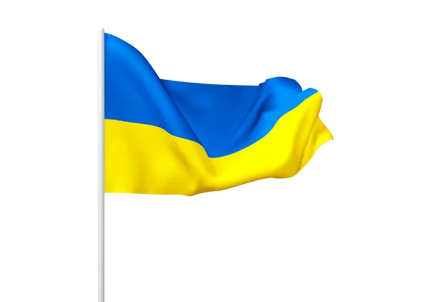 Flagga av Ukraina på en vit bakgrund. Symbolen för den ukrainska nationens patriotism, en blå och gul sidenfana, fladdrar i ljusstrålarna. Vektor 3D realistisk illustration. EPS10-vektor — Stock vektor
