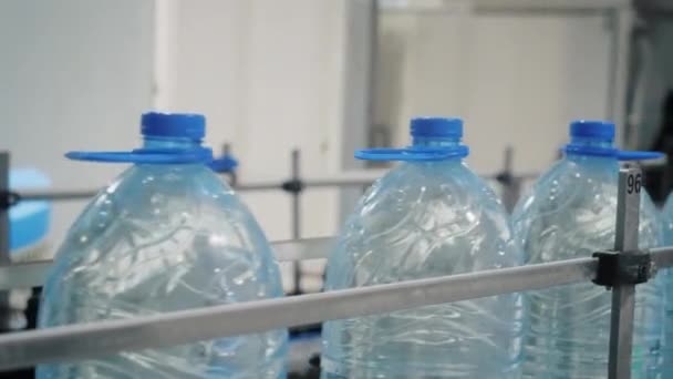 Контейнери з водою і синіми ковпачками, що перевозяться конвеєром — стокове відео