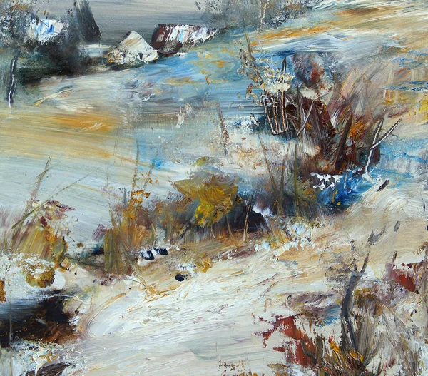Dorp in de winter, olieverfschilderij — Stockfoto