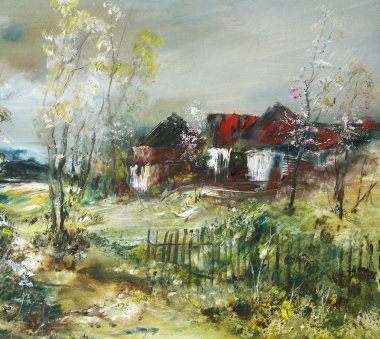 Village in the spring, oil painting clipart