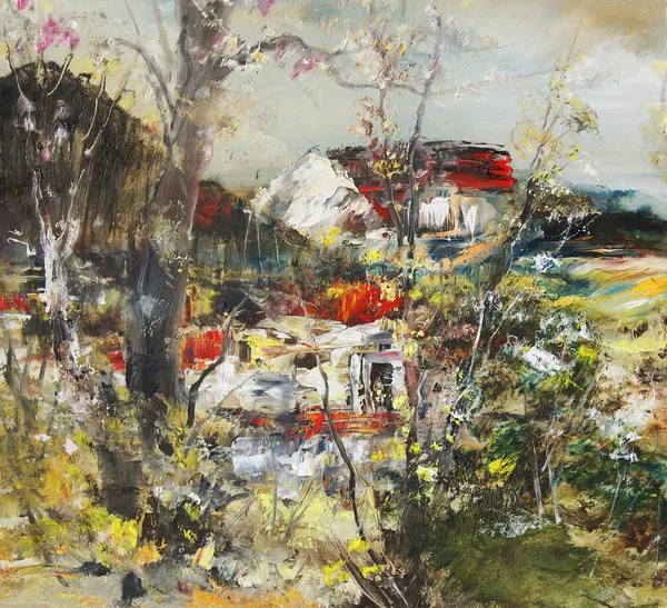 Landhuis in de lente, olieverfschilderij — Stockfoto