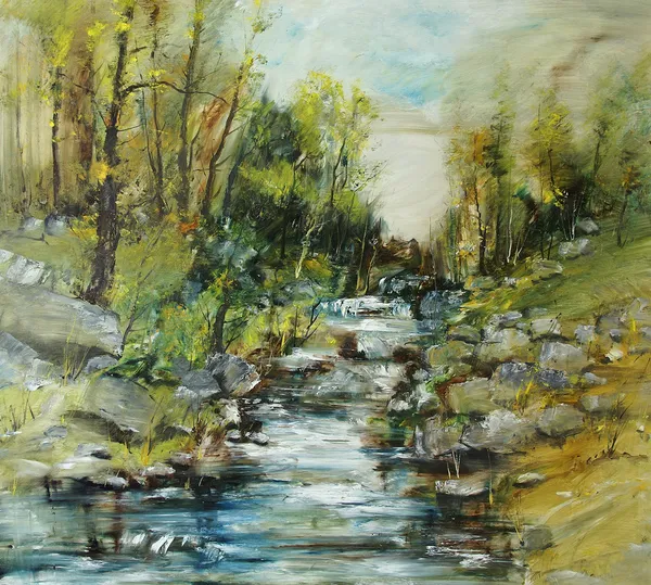 Rotsachtige landschap met creek, olieverfschilderij — Stockfoto