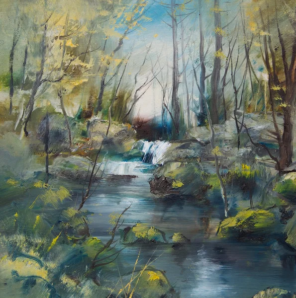 Brook ve kayalar, yağlı boya peyzaj