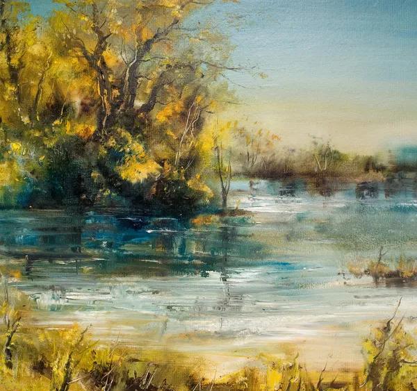 Höstträd vid sjön, oljemålning — Stockfoto
