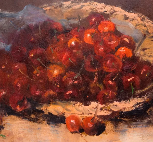 Nature morte aux cerises, peinture à l'huile — Photo