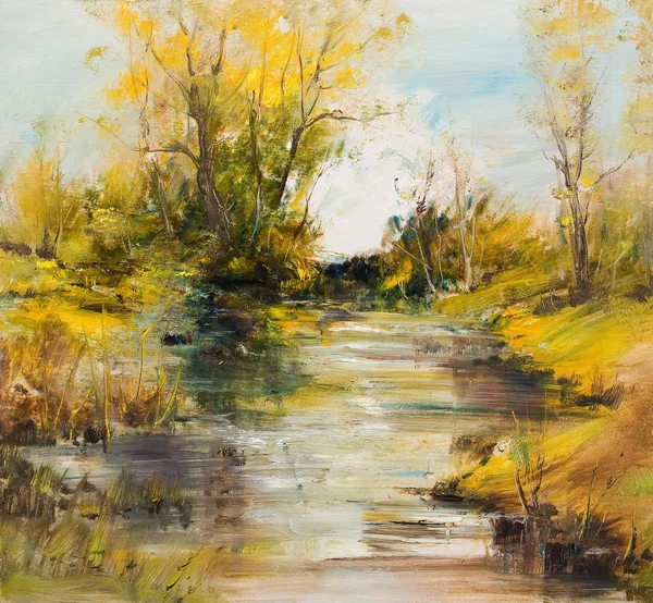 Paesaggio con fiume, pittura a olio — Foto Stock