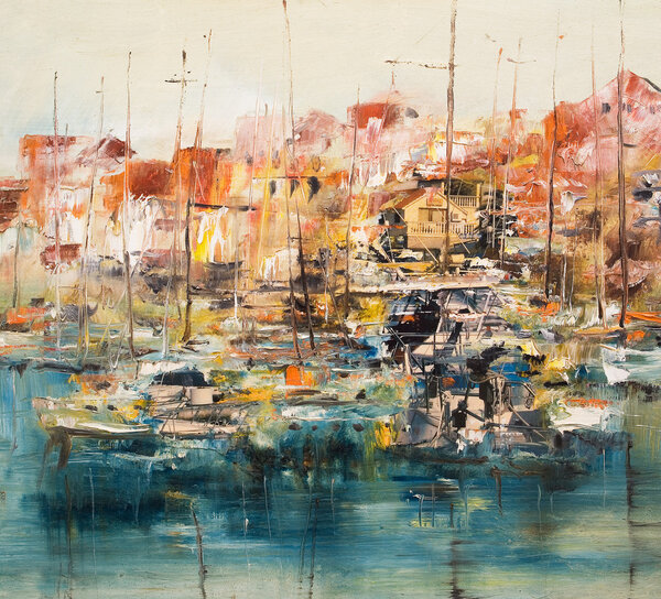 Boats in the harbor, oil painting mixed media