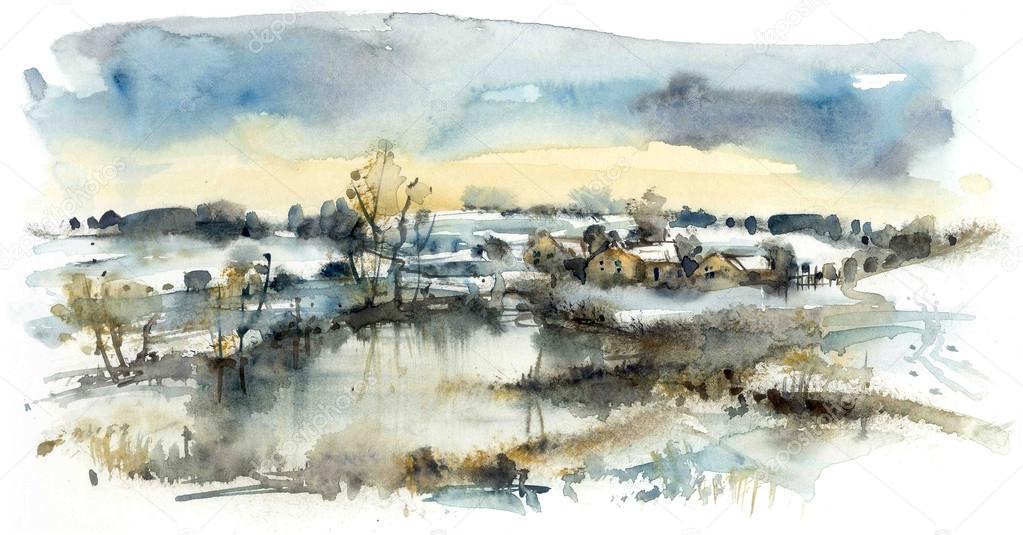 Landscape in winter, watercolor illustrations