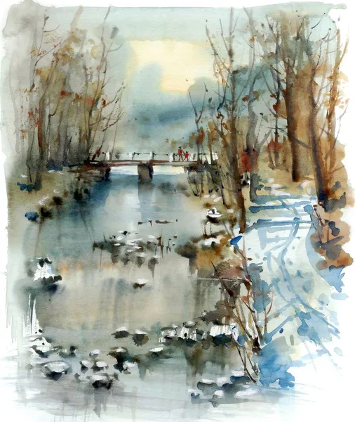 Il ponte sul fiume, paesaggio invernale — Foto Stock