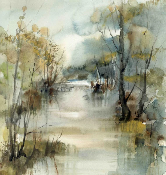 Nehirde, suluboya manzara