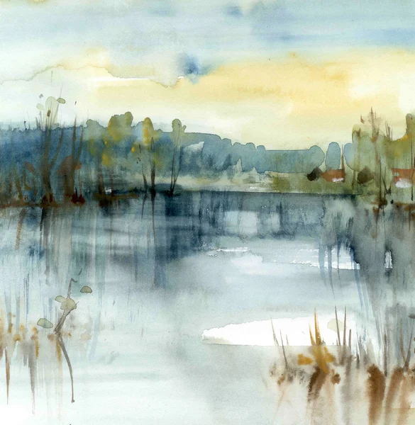 Paesaggio con lago, acquerello Foto Stock Royalty Free