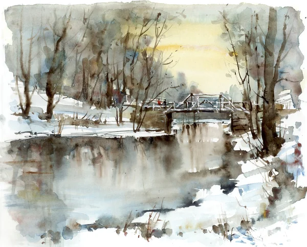Jembatan putih di atas sungai, pemandangan musim dingin Stok Foto Bebas Royalti