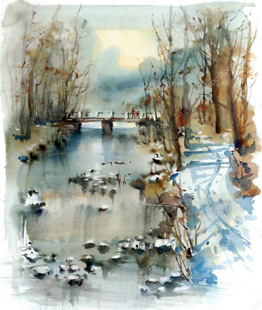 The bridge over the river, winter landscape