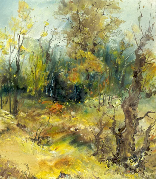 Árvores na paisagem, pintura a óleo — Fotografia de Stock