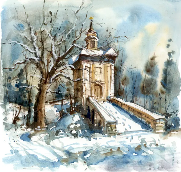 Vinterlandskap med kapell — Stockfoto