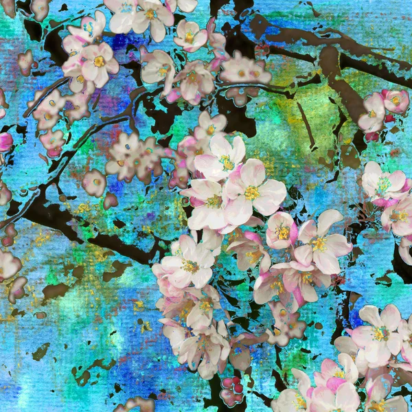 Blühender Apfelbaum, abstrakte Malerei und Mixed-Media-Kunst — Stockfoto