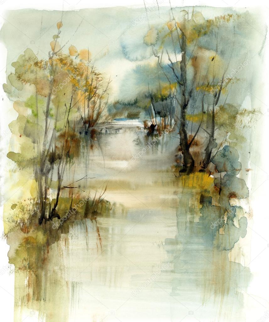 Landscape with river, watercolour
