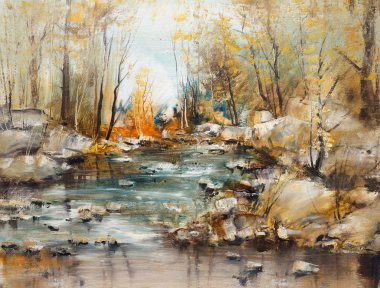 Forest brook with stones, oil painting clipart