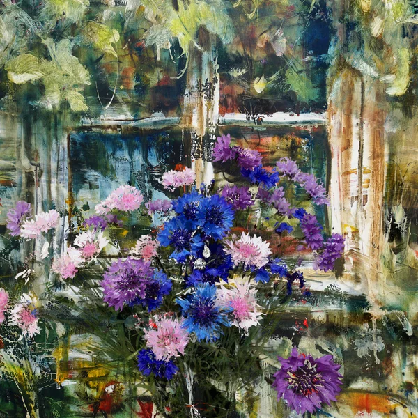Kwiaty w oknie, malarstwo olejne abstrakcyjne — Zdjęcie stockowe