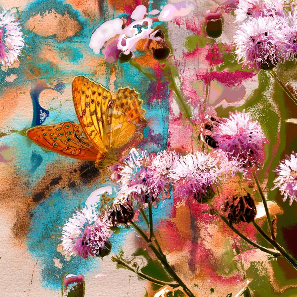 Papillon sur les fleurs de chardon et peinture abstraite — Photo