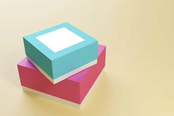 礼品盒在黄色的背景上相互交织。3D渲染. — 图库照片
