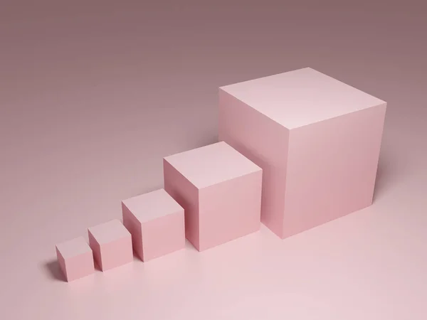 Artan küpler şeklinde üç boyutlu bir grafik. Giderek artan bir eğilim. 3 boyutlu görüntüleme. Pembe arka planda farklı boyutlarda pembe küpler. Diyagram için şablon.