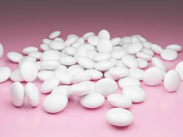 A handful of white oval dragees on a pink background. 3D render. — Stock Photo, Image