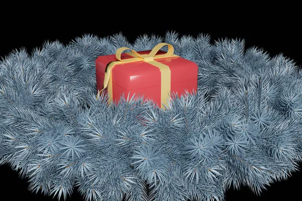 Geschenkbox in einem Kranz aus silbernen Fichtenzweigen auf schwarzem Hintergrund. Weihnachtskomposition. — Stockfoto