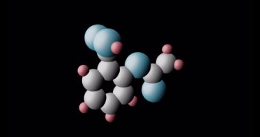 Karanlık uzayda dönen asetilsalilik asit molekülü. Aspirin molekülü gri karbon atomları, mavi oksijen atomları ve kırmızı hidrojen atomları. 3 Boyutlu Hazırlama.