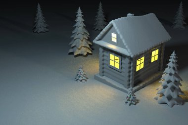 Karlı bir ladin ormanında muhteşem bir Noel evi. Geceleri parlayan pencereleri olan köhne bir ev. Evin yanındaki karla kaplı ağaçlarla süslenmiş. 3 Boyutlu Hazırlama.