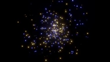 Evren 'in başlangıcı. Büyük Patlama. Uçan ve dönen mavi ve sarı kıvılcımlar siyah bir arkaplanda.