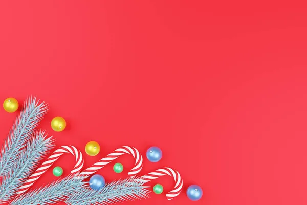 Capodanno Decorazioni Natalizie Con Sfondo Rosso Rami Abete Rosso Argentato — Foto Stock