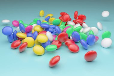 Masaya saçılmış çok renkli ilaç bardakları. Beyaz, mavi, sarı, kırmızı, mavi arka planda yeşil cereyan yapıyor. 3 Boyutlu Hazırlama.