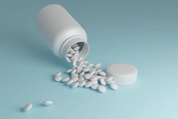 Dragees Vitamina Saindo Frasco Plástico Branco Aberto Comprimidos Brancos Medicamentos — Fotografia de Stock