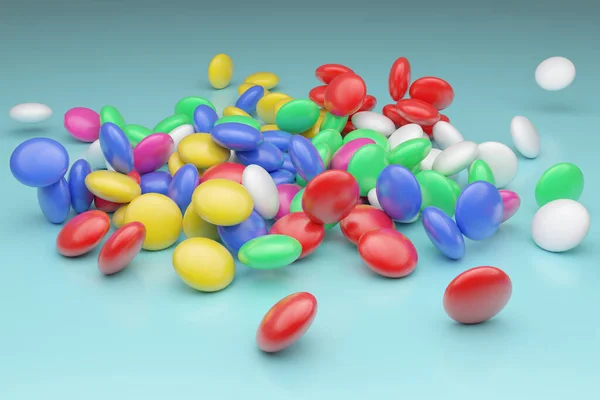 Meerkleurige Dragees Van Medicijnen Verspreid Tafel Wit Blauw Geel Rood — Stockfoto