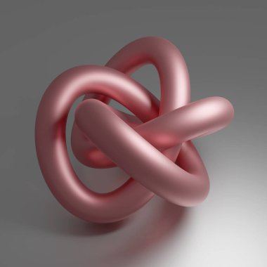 Bakır kablo, gri bir zemine bağlanmış parlak pembe bir torus sonsuz bir düğüme dolanmış. 3 Boyutlu Hazırlama.