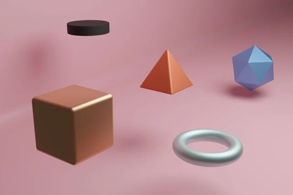 一个抽象的场景 多彩的几何体悬挂在空中 一个黄色立方体 一个橙色金字塔 一个灰色的圆环 一个蓝色的二面体和一个粉色背景的黑色圆筒 3D渲染 — 图库照片