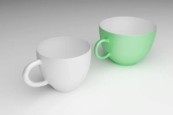 Различные Типы Размеры Фарфоровых Чашек Столе Зеленые Белые Чашки Светлой — стоковое фото