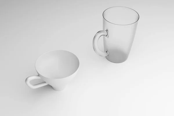 Différents Types Tailles Tasses Porcelaine Verre Sur Table Tasses Blanches — Photo