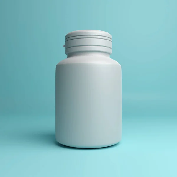 İlaçlar için yakın plan plastik bir kavanoz. Turkuaz arka planda çıkartması olmayan beyaz bir opak kavanoz. Kapalı bir kuşla dolu bir kavanoz. 3 Boyutlu Hazırlama.