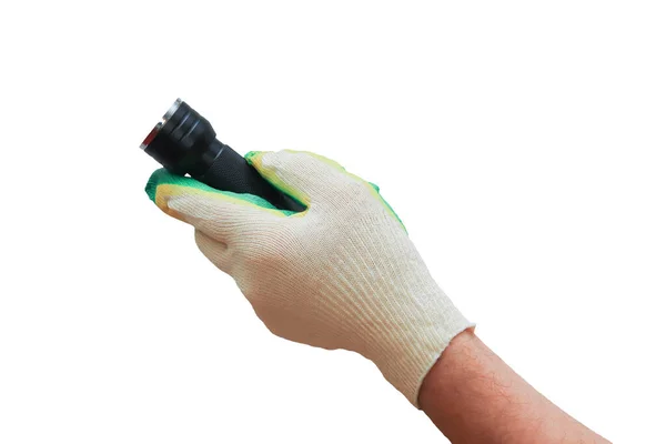男人手上的黑色Led手电筒是一个特写 请上交用带橡胶插头的织物制成的家用手套 在白色背景上分离 — 图库照片