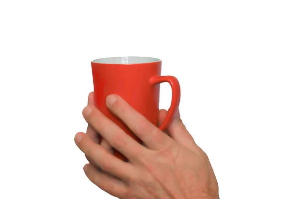 Cup Tea Hands Man Close Red White Cup Isolate White — Stock Photo, Image