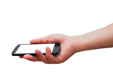 Yakından çekilen bir adamın elindeki alet. Ekleme için beyaz ekranlı akıllı telefon. Modelleme. Beyaz arkaplanda izole et.